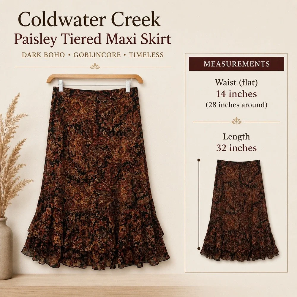 Coldwater Creek Silk Maxi Skirt Womens PS Brown Paisley Tiered Ruffle Boho